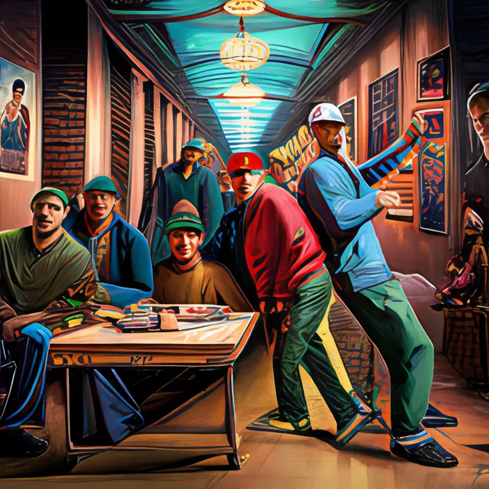 a painting of a group of people in a hallway