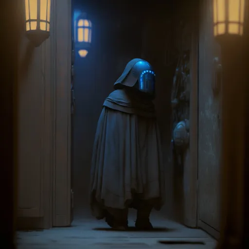 a person in a star wars costume standing in a doorway