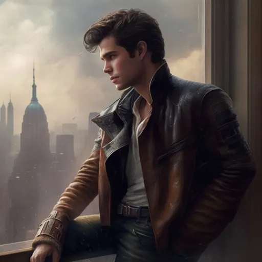 a man in a leather jacket looking out a window