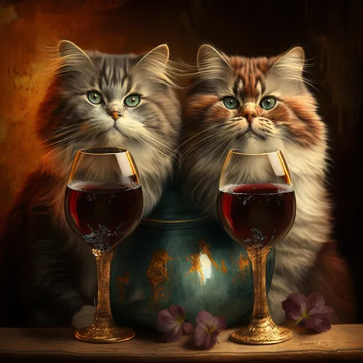 a painting of two cats with glasses of wine