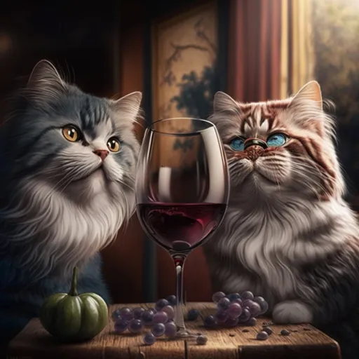 two cats sitting at a table with a glass of wine