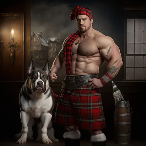 a man in a kilt standing next to a dog