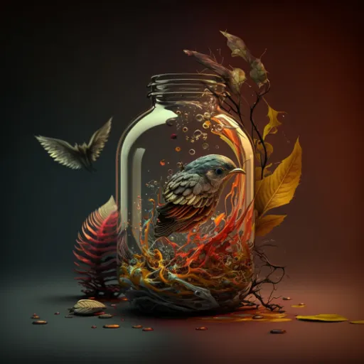 a glass jar with a bird inside of it