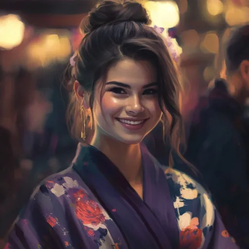 a woman in a kimono smiling at the camera