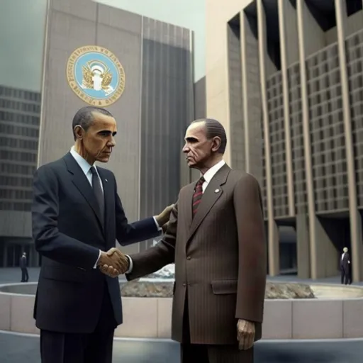 two men shaking hands in front of a building