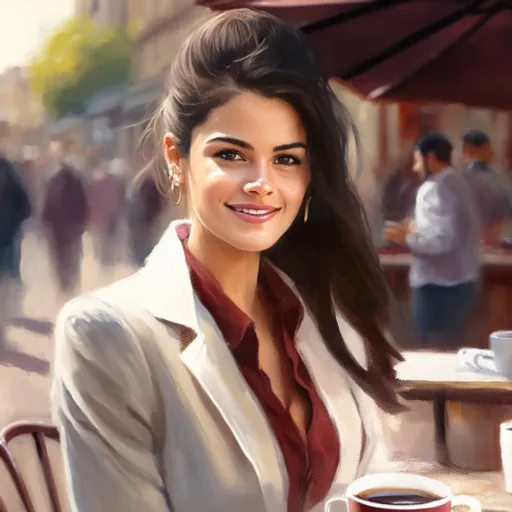 a painting of a woman sitting at a table with a cup of coffee