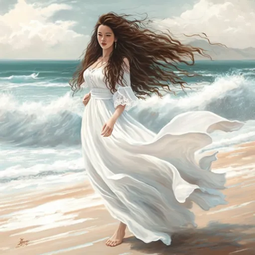 a painting of a woman walking on the beach