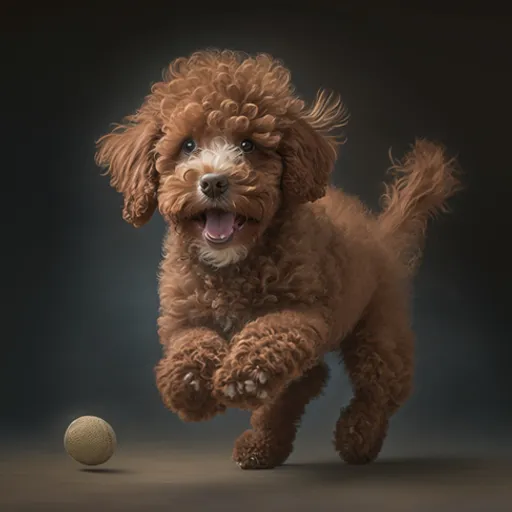 a small brown dog running towards a ball