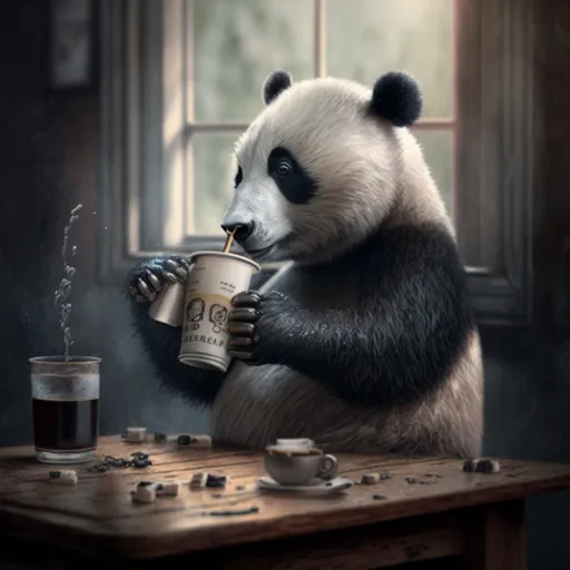 a panda bear sitting at a table drinking from a cup