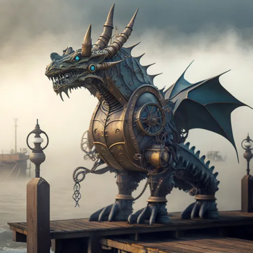 a dragon statue sitting on top of a wooden pier