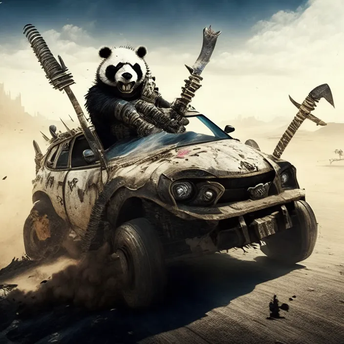 a panda bear sitting on top of a car in the desert