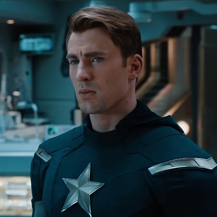 a man in a captain america costume looks off into the distance