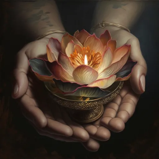 a painting of a person holding a flower in their hands