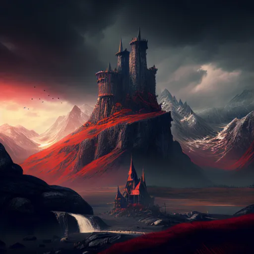 a painting of a castle in the middle of a mountain