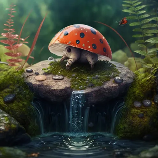 a mushroom sitting on top of a rock next to a waterfall