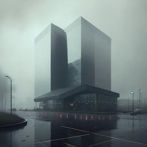 a very tall building sitting on top of a wet parking lot