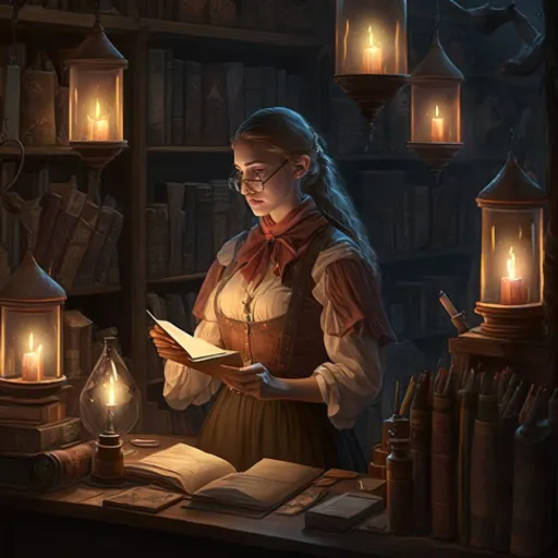 a woman reading a book in a library