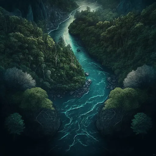 a river flowing through a lush green forest