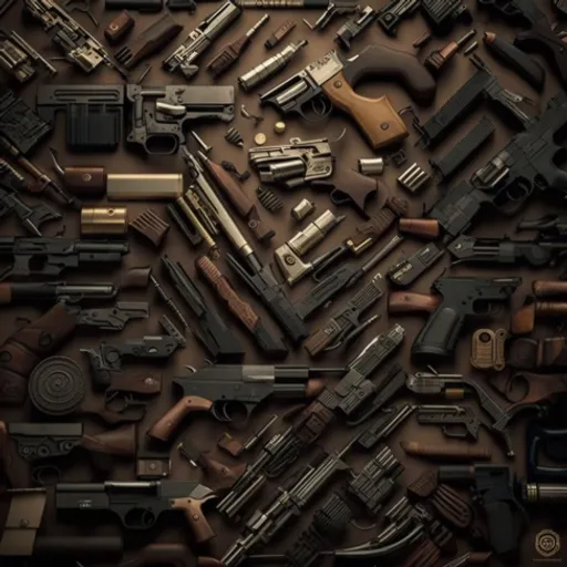 a bunch of guns that are on a table