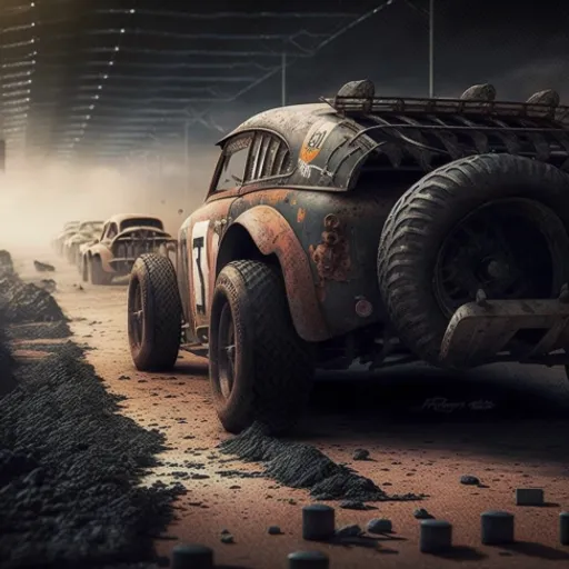 a group of cars driving through a dirt field