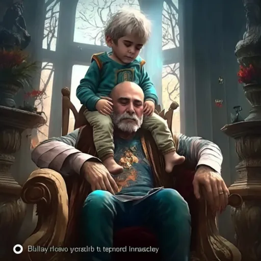 a man sitting in a chair with a child on his shoulders