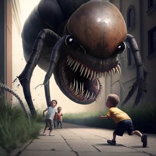 a little boy running towards a giant spider