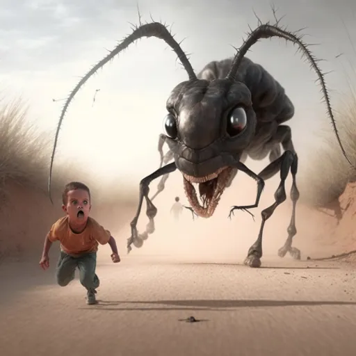 a young boy running towards a giant spider