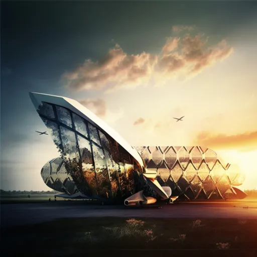 an artistic photo of a futuristic building at sunset