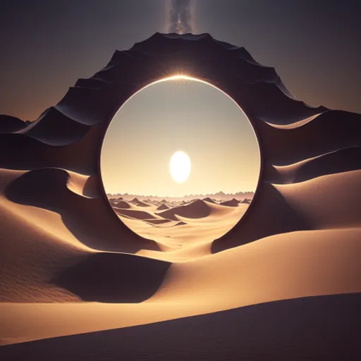 a picture of a desert with a sun in the middle