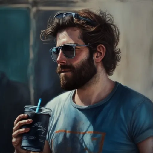 a man with a beard and sunglasses holding a drink