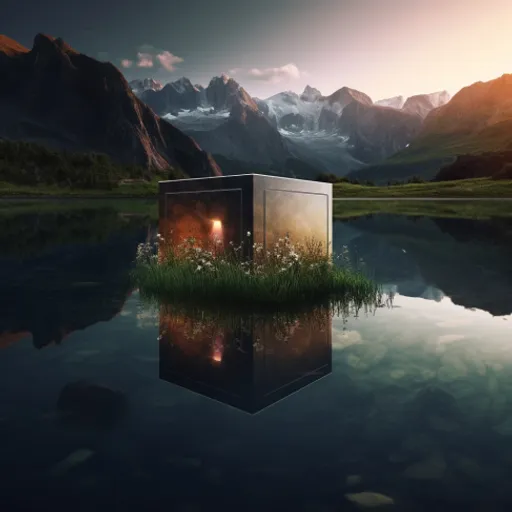 a box sitting in the middle of a lake surrounded by mountains