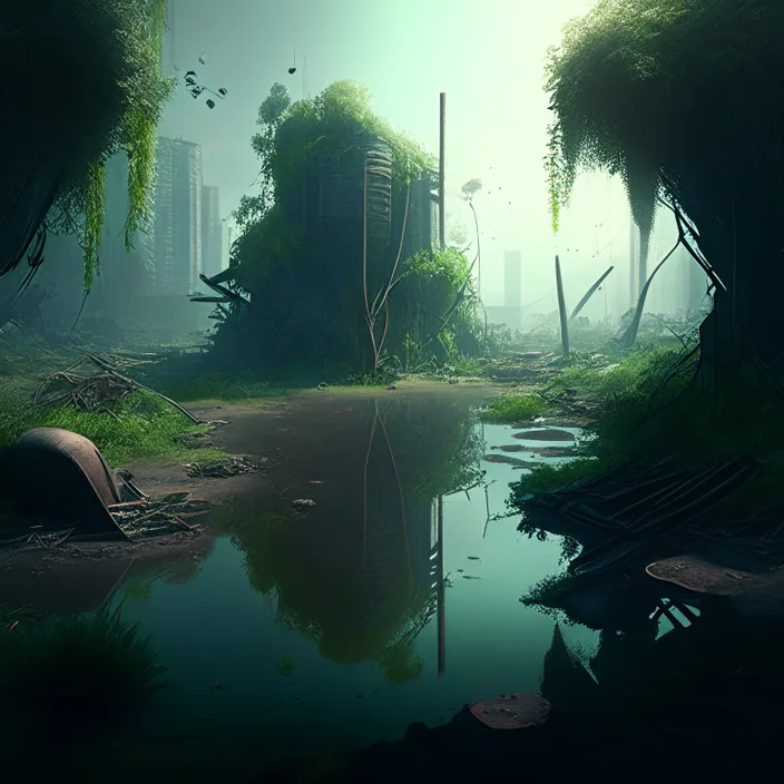 a digital painting of a swampy area with trees and buildings in the background