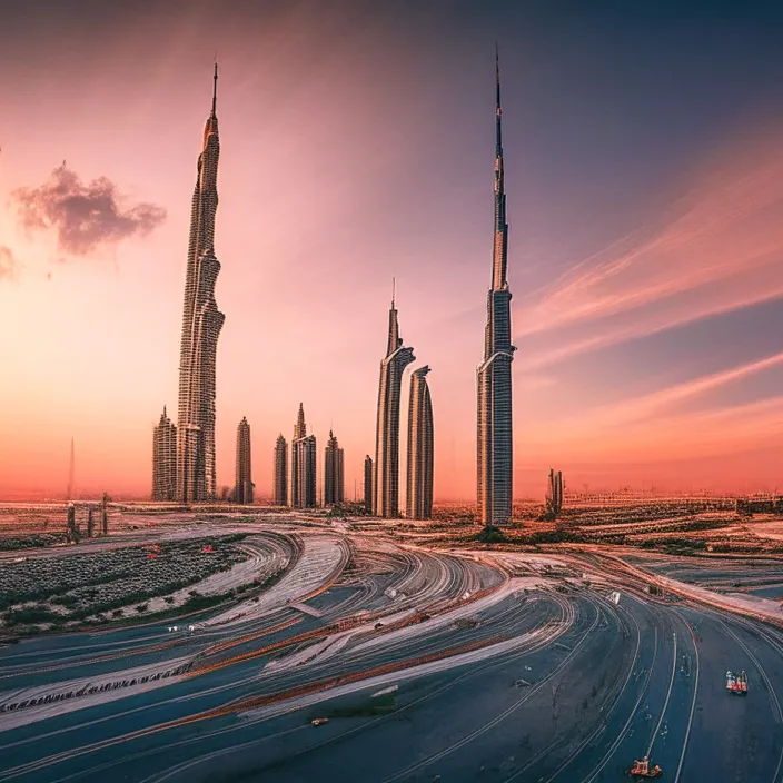 an aerial view of a city with tall buildings, with a beautiful cloudscape in the background. cloudscape