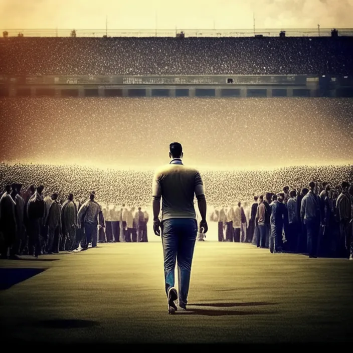 a man walking across a field in front of a crowd of people