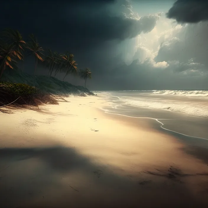 a sandy beach with palm trees on a cloudy day