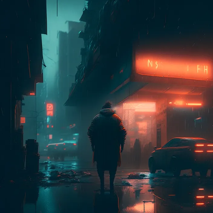 a man walking down a street in the rain