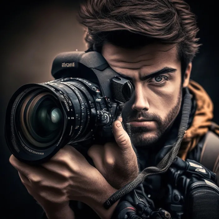 a man holding a camera up to his face with a gun. change the camera to a gun