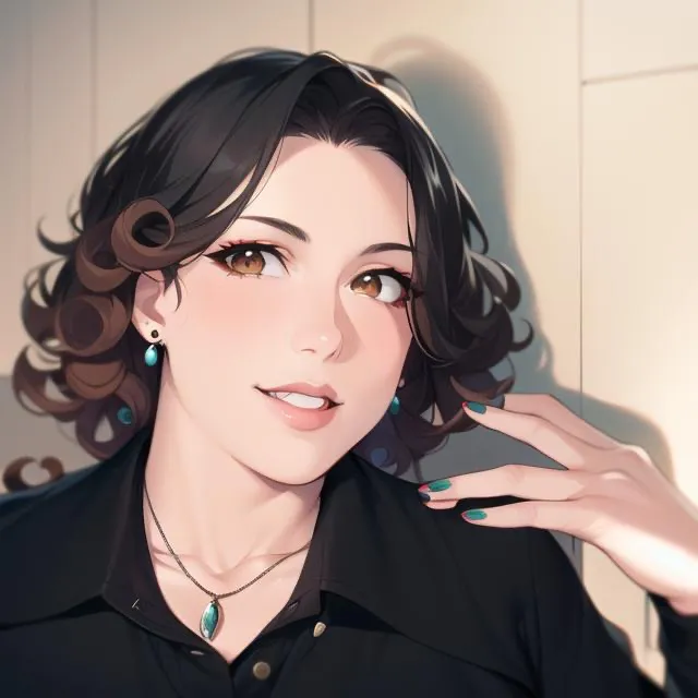 a woman wearing a black shirt and a necklace