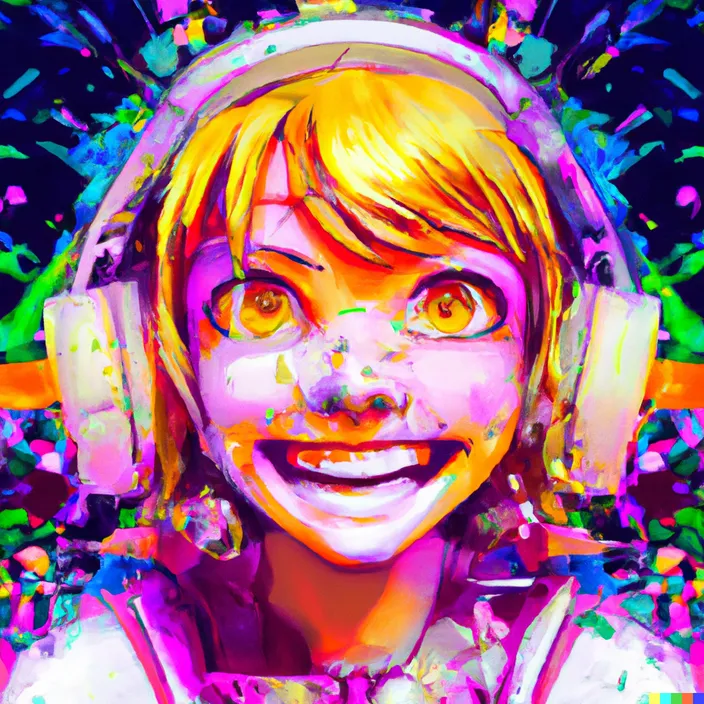 a digital painting of a girl wearing headphones, she smiles and her head moves as if she is happy, moving to the beat of the music. girl smiles and is she happy movig her head