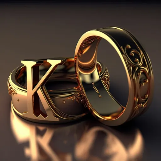 two gold wedding rings with the letter k on them