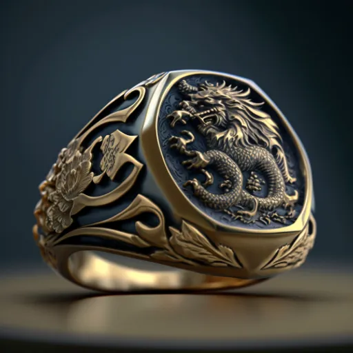 a gold and black ring with a dragon on it