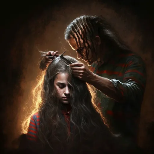 a painting of a man cutting a woman's hair