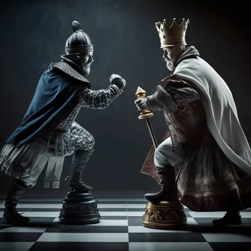 a knight kneeling down next to a knight on a chess board