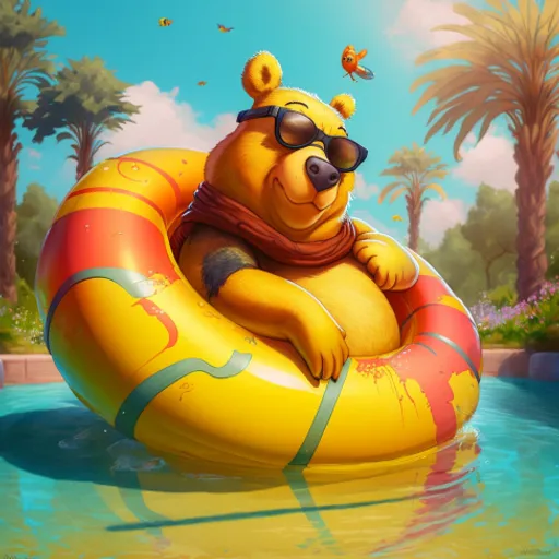 a bear floating on a raft in a pool