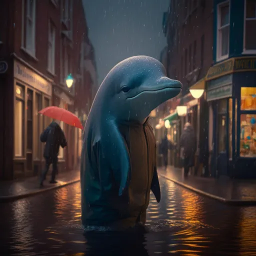 a dolphin with an umbrella standing in the rain