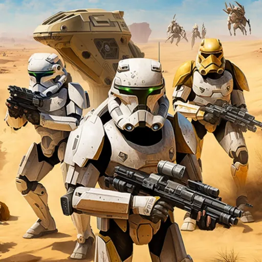 a group of star wars characters with guns