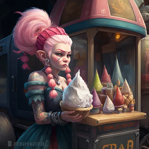 a woman with pink hair holding a bowl of ice cream