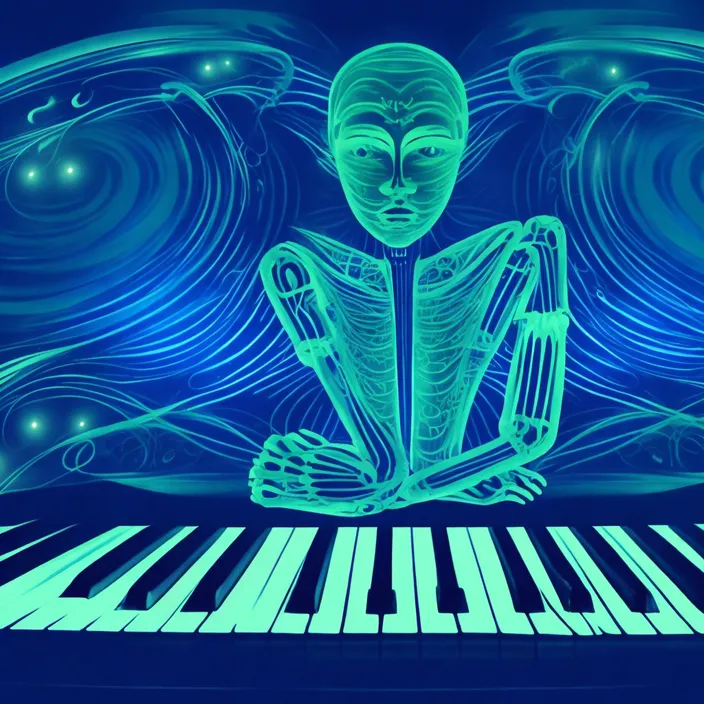 a skeleton sitting on top of a piano keyboard
