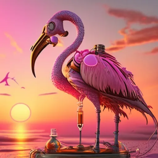 a pink flamingo standing on top of a bottle in the ocean