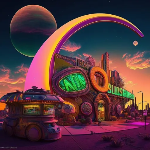 a futuristic city with a giant neon sign